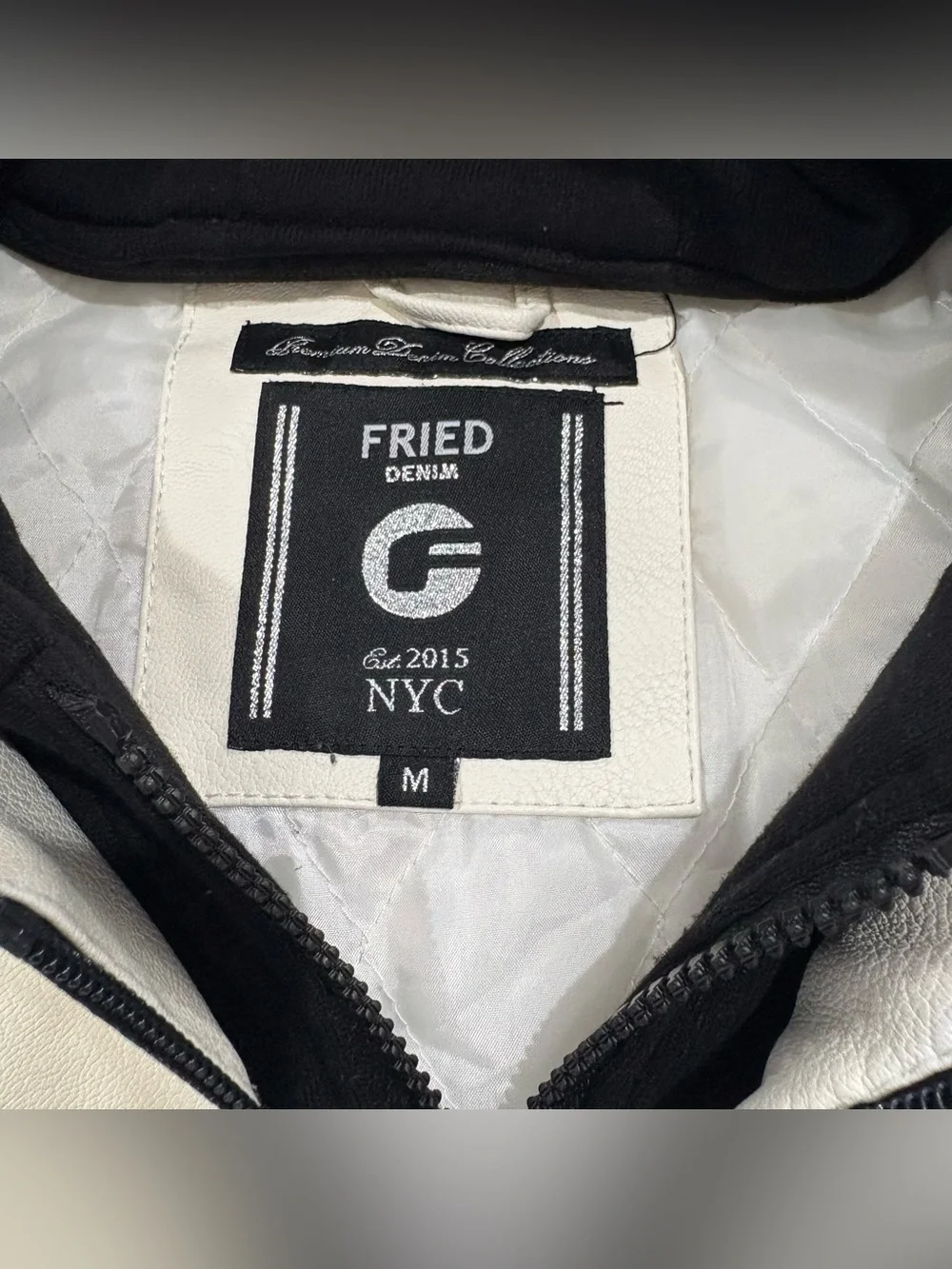 Fried Denim Men's Retro Faux Leather Vest Jacket Hoodie White Ivory Black Size M